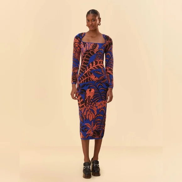 chinese dress ladies Blue Long Sleeve Midi Dress – FARM Rio main image 1